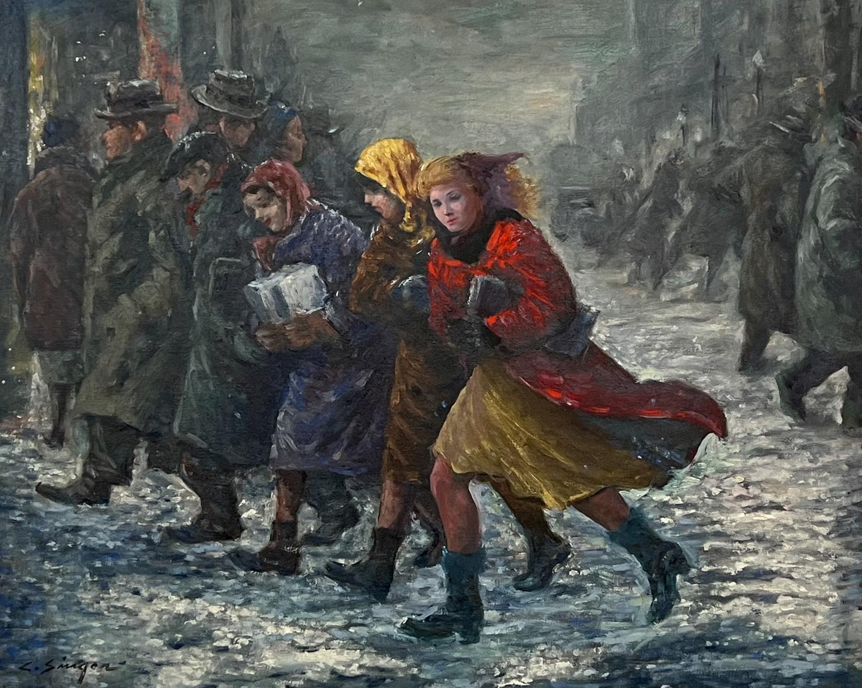 Nieve en la ciudad, cuadro americano de escena invernal, marco ornamentado, óleo de mediados de siglo - Painting realista estadounidense de Clyde Singer