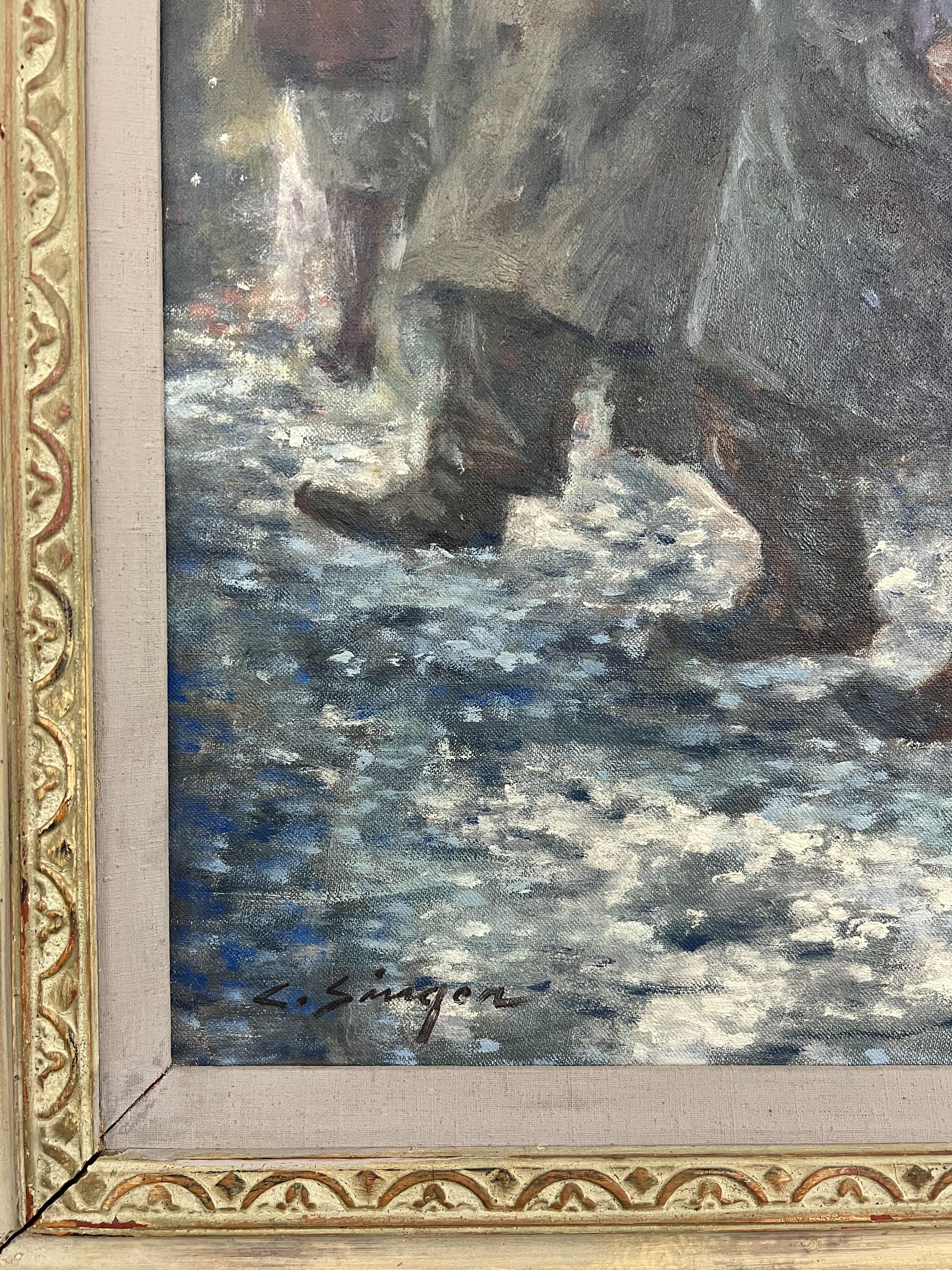 Nieve en la ciudad, cuadro americano de escena invernal, marco ornamentado, óleo de mediados de siglo - Figurative Painting Gris de Clyde Singer