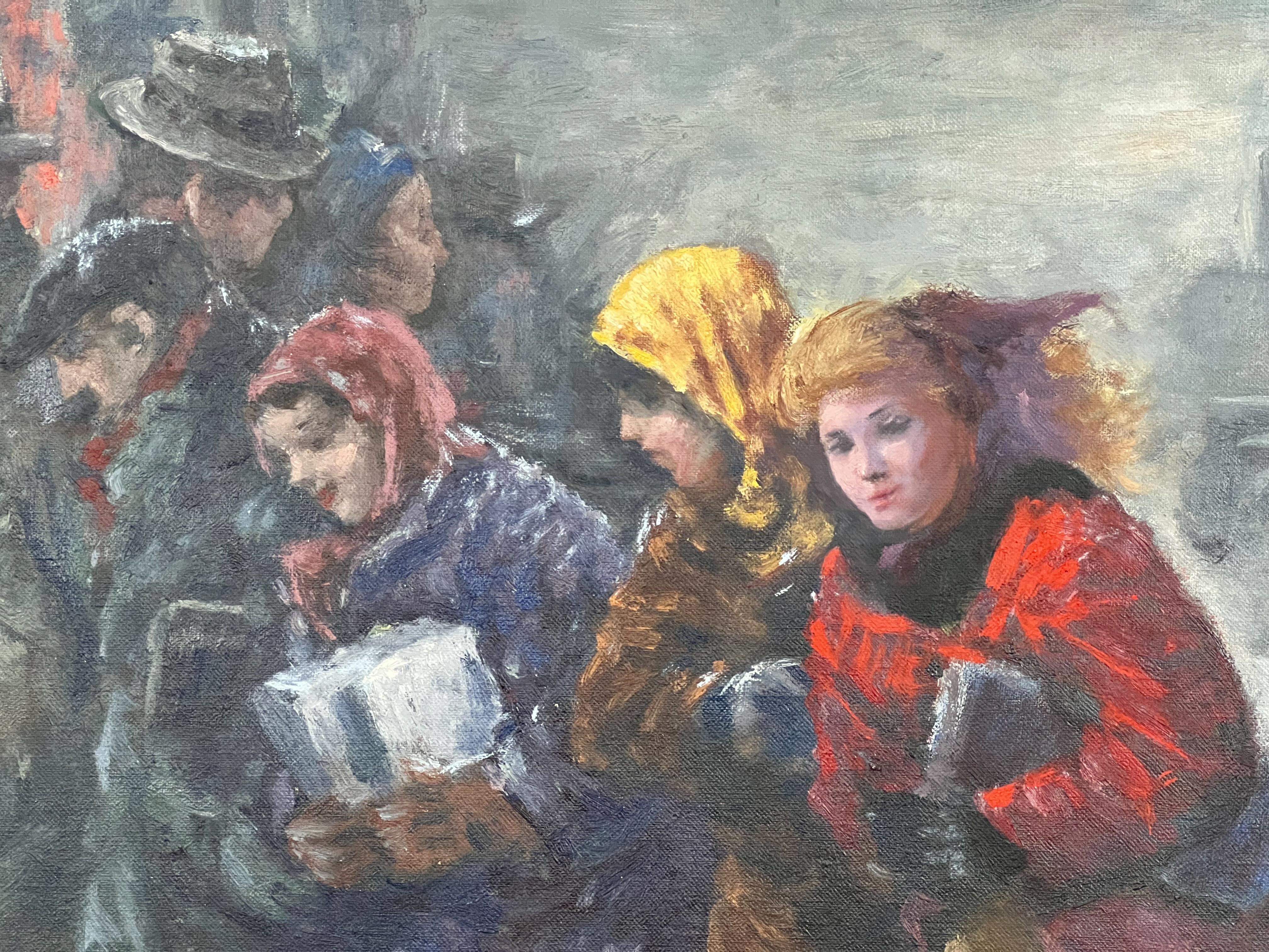 La vida americana queda plasmada en este cuadro de Clyde Singer, Nieve en la ciudad (1954), donde representa un momento cotidiano en la ciudad.  Una escena ordinaria, la de un grupo de mujeres abriéndose paso por una calle concurrida y nevada, se