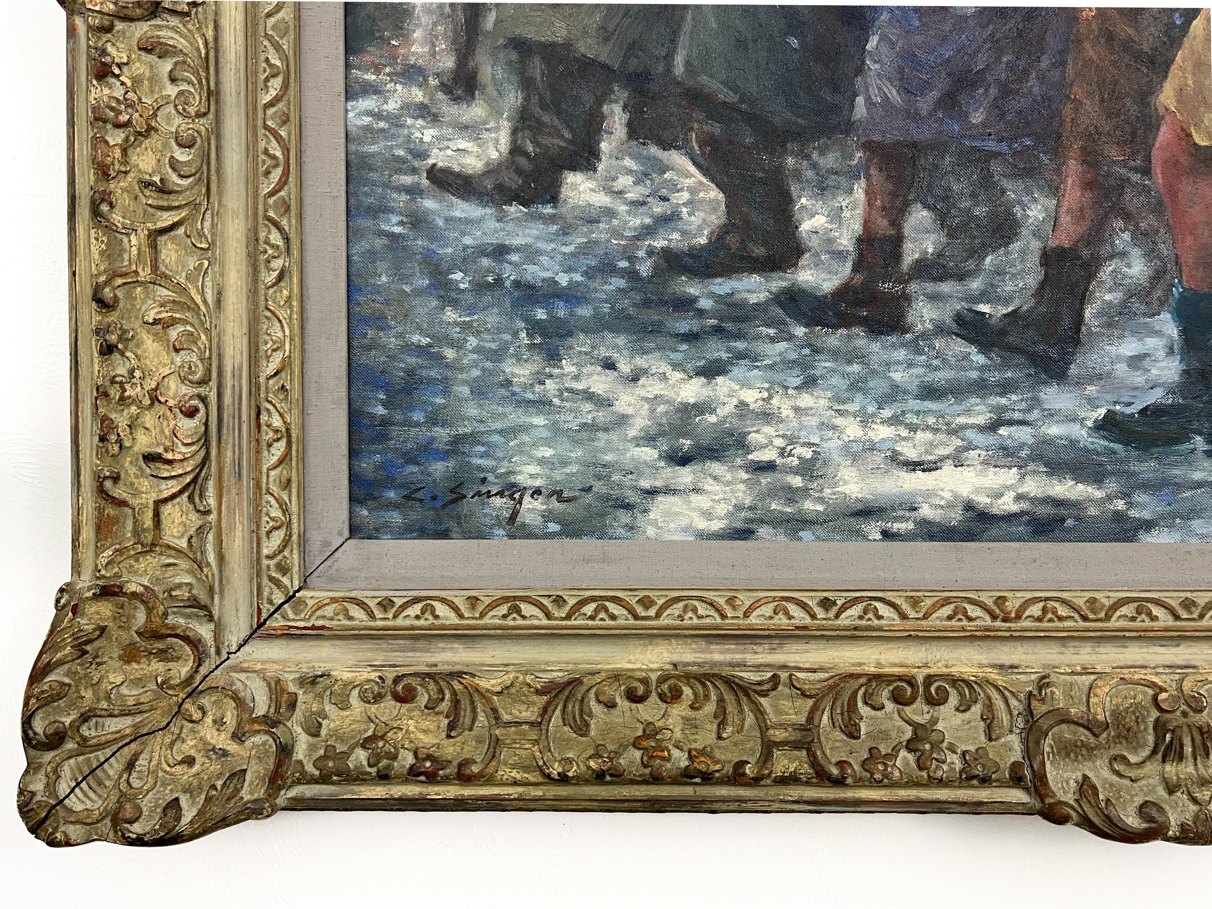 Nieve en la ciudad, cuadro americano de escena invernal, marco ornamentado, óleo de mediados de siglo en venta 3