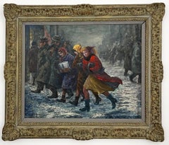 Neige en ville, peinture américaine d'une scène d'hiver, cadre orné, huile du milieu du siècle.