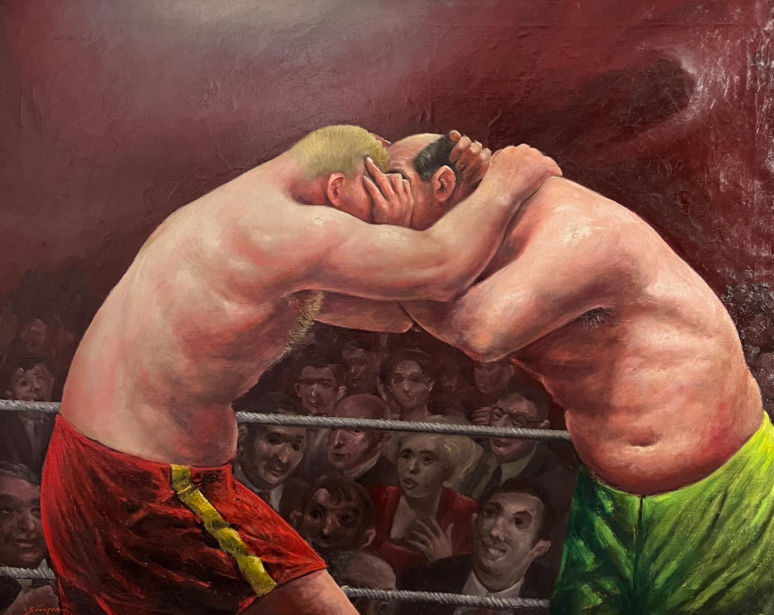 The Wrestlers - American Mid-Century Scene Painting.  Americana Oil Painting. - Black Figurative Painting by Clyde Singer