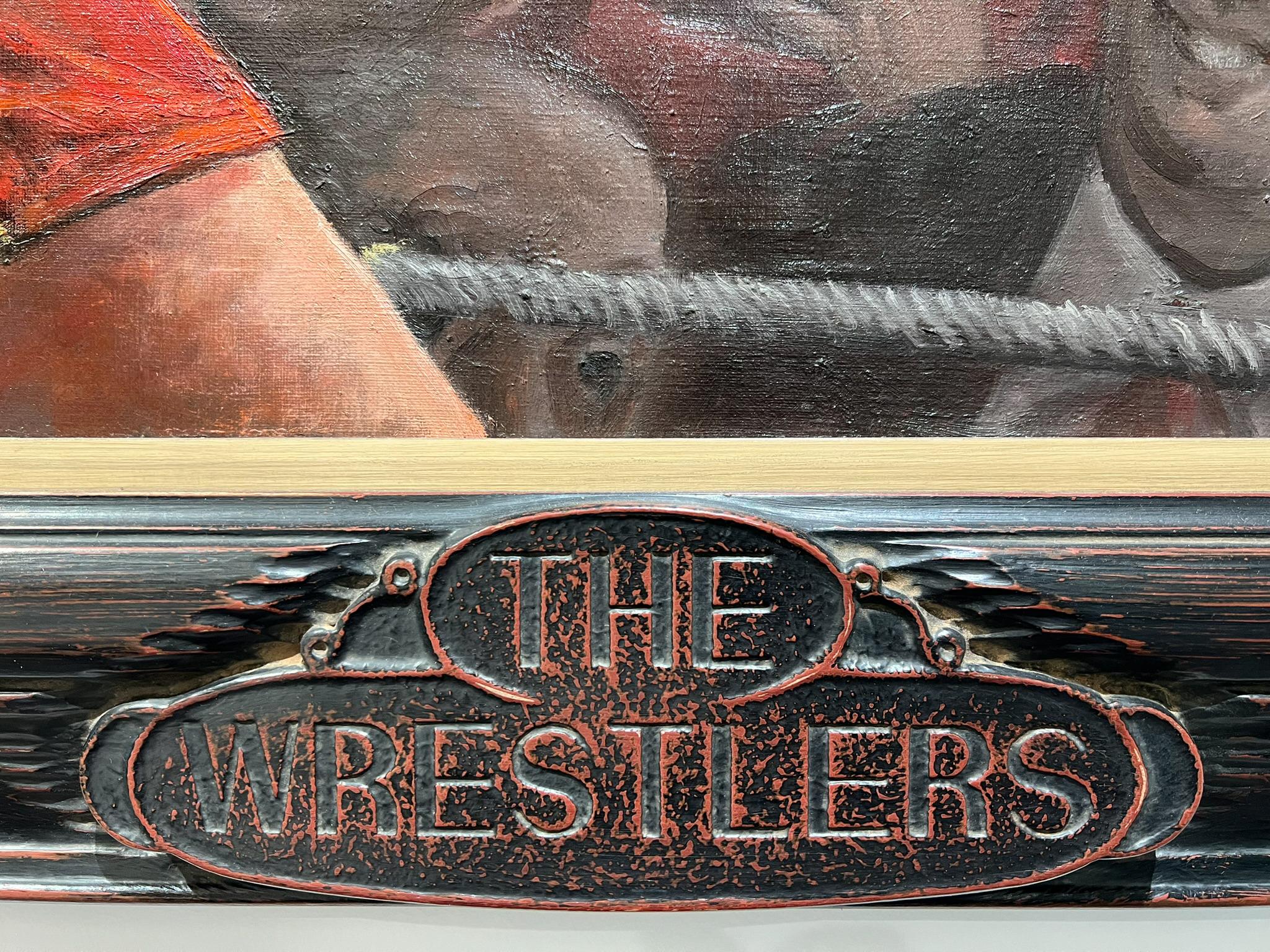 The Wrestlers - American Mid-Century Scene Painting.  Americana Oil Painting. For Sale 3