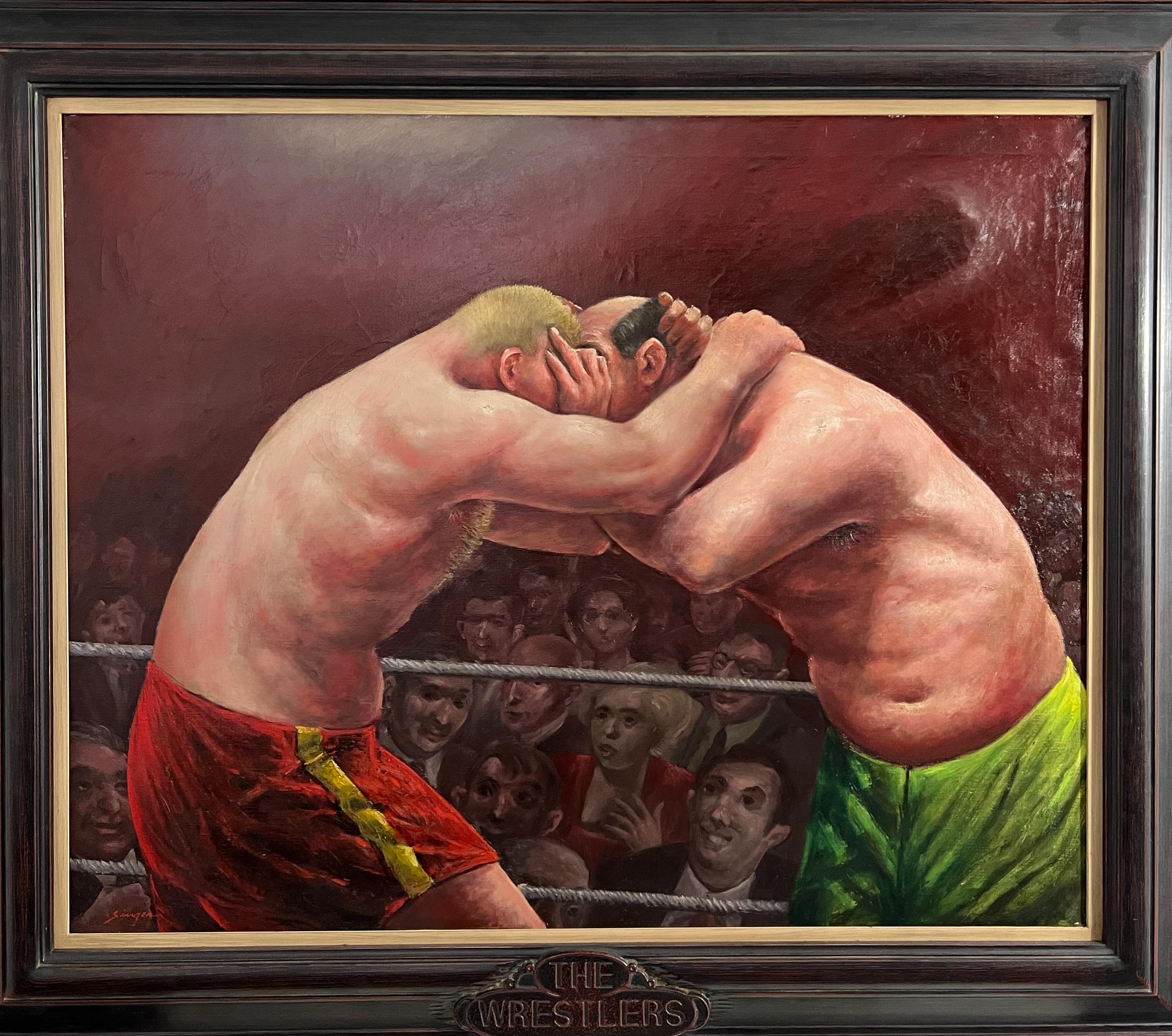 Clyde Singer Figurative Painting - The Wrestlers - American Mid-Century Scene Painting.  Americana Oil Painting.