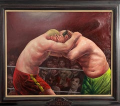 The Wrestlers - American Mid-Century Scene Painting.  Americana Oil Painting.