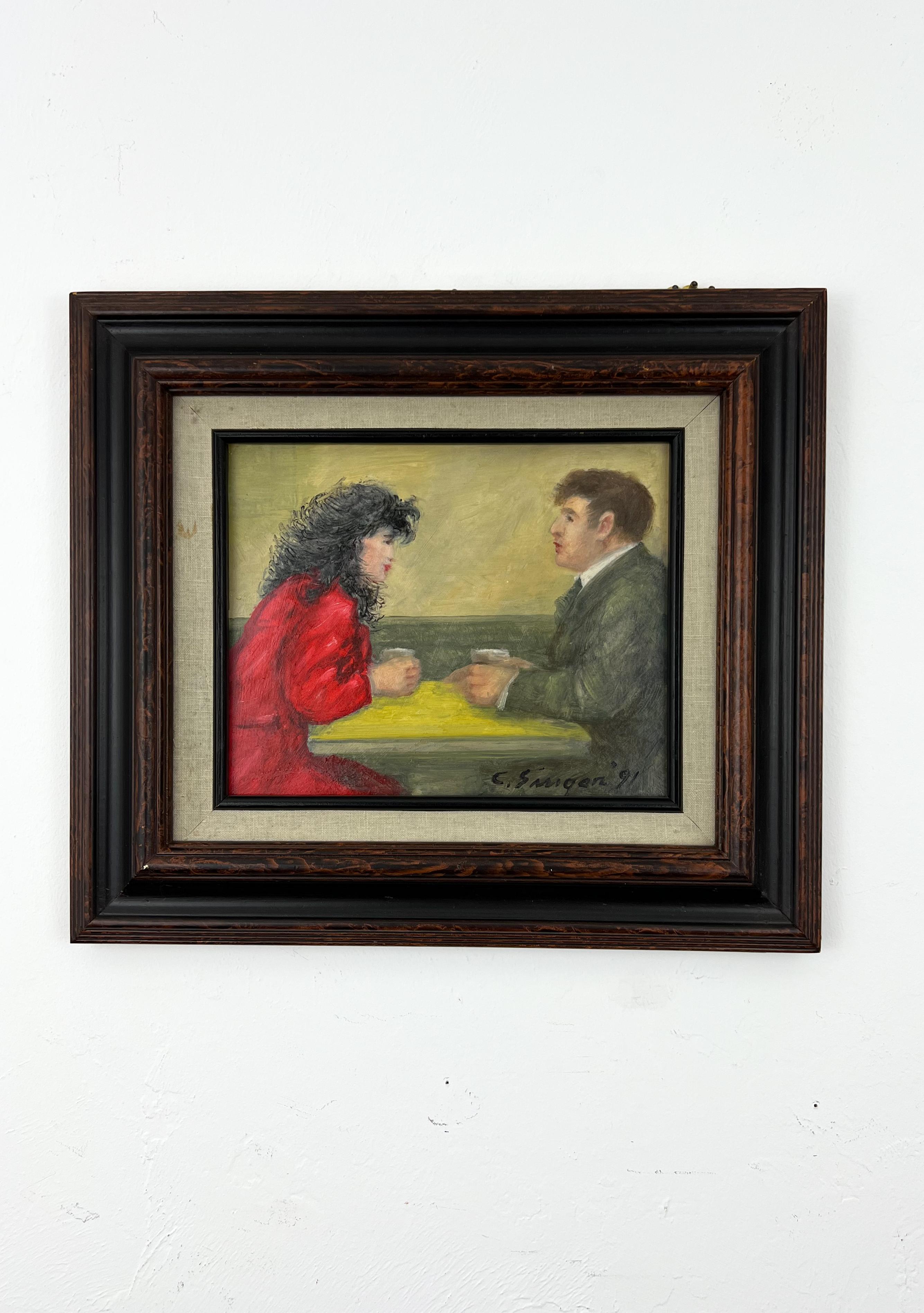 Twosome - Meeting for Coffee Original Oil Painting.  20th Century Coffee Date. - Black Interior Painting by Clyde Singer