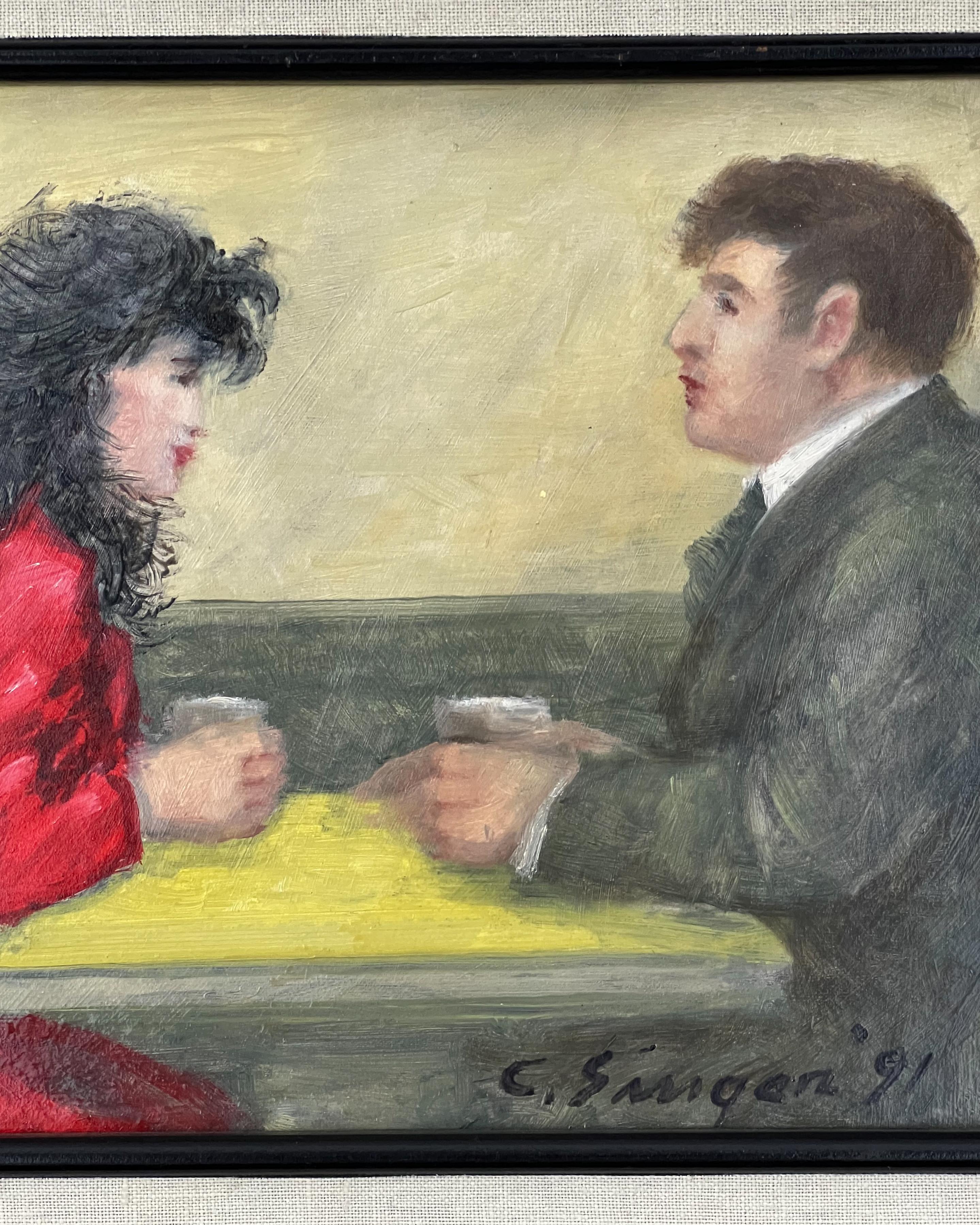 Twosome - Meeting for Coffee Original Oil Painting.  20th Century Coffee Date. For Sale 1