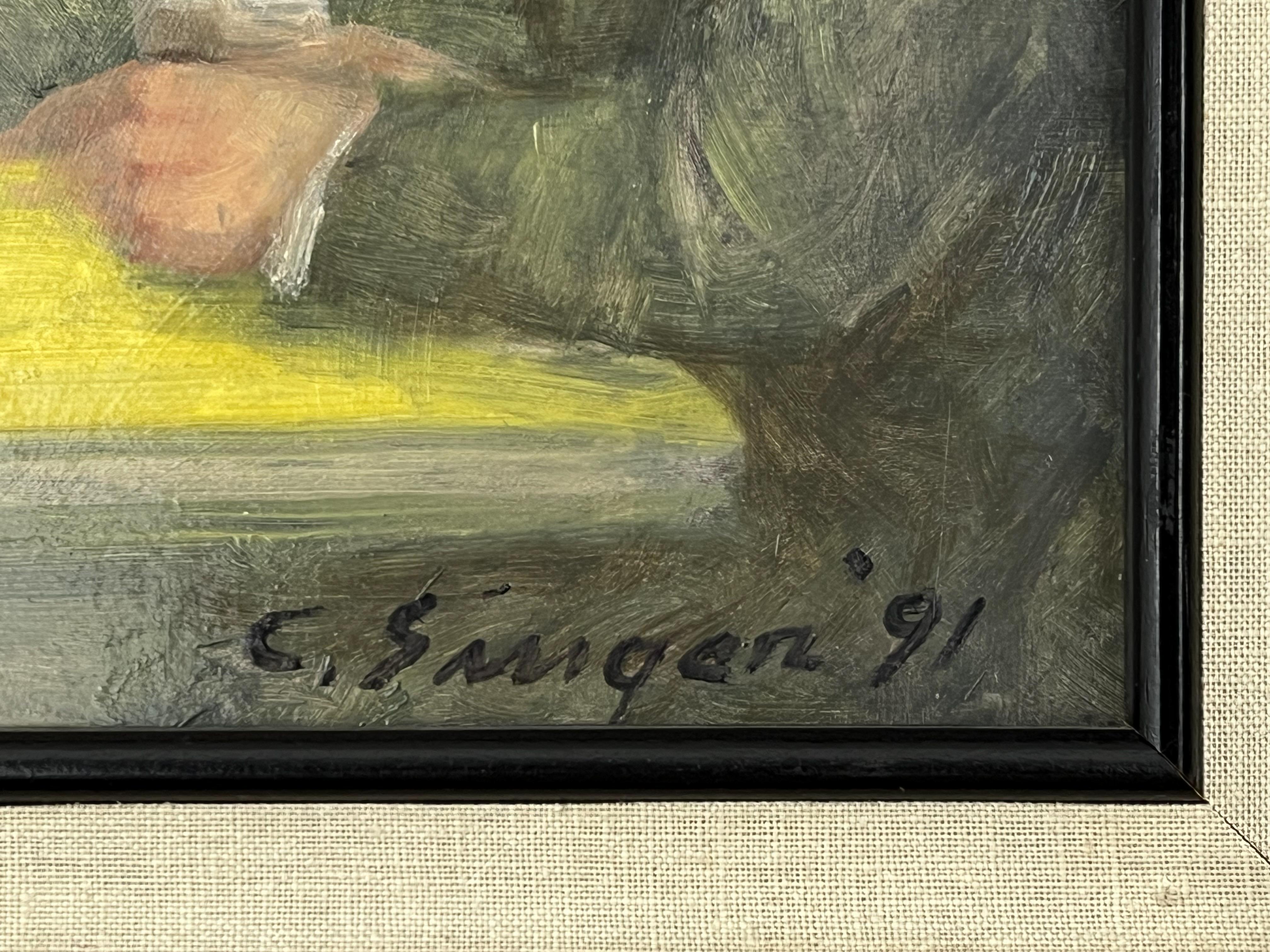 Twosome - Meeting for Coffee Original Oil Painting.  20th Century Coffee Date. For Sale 2