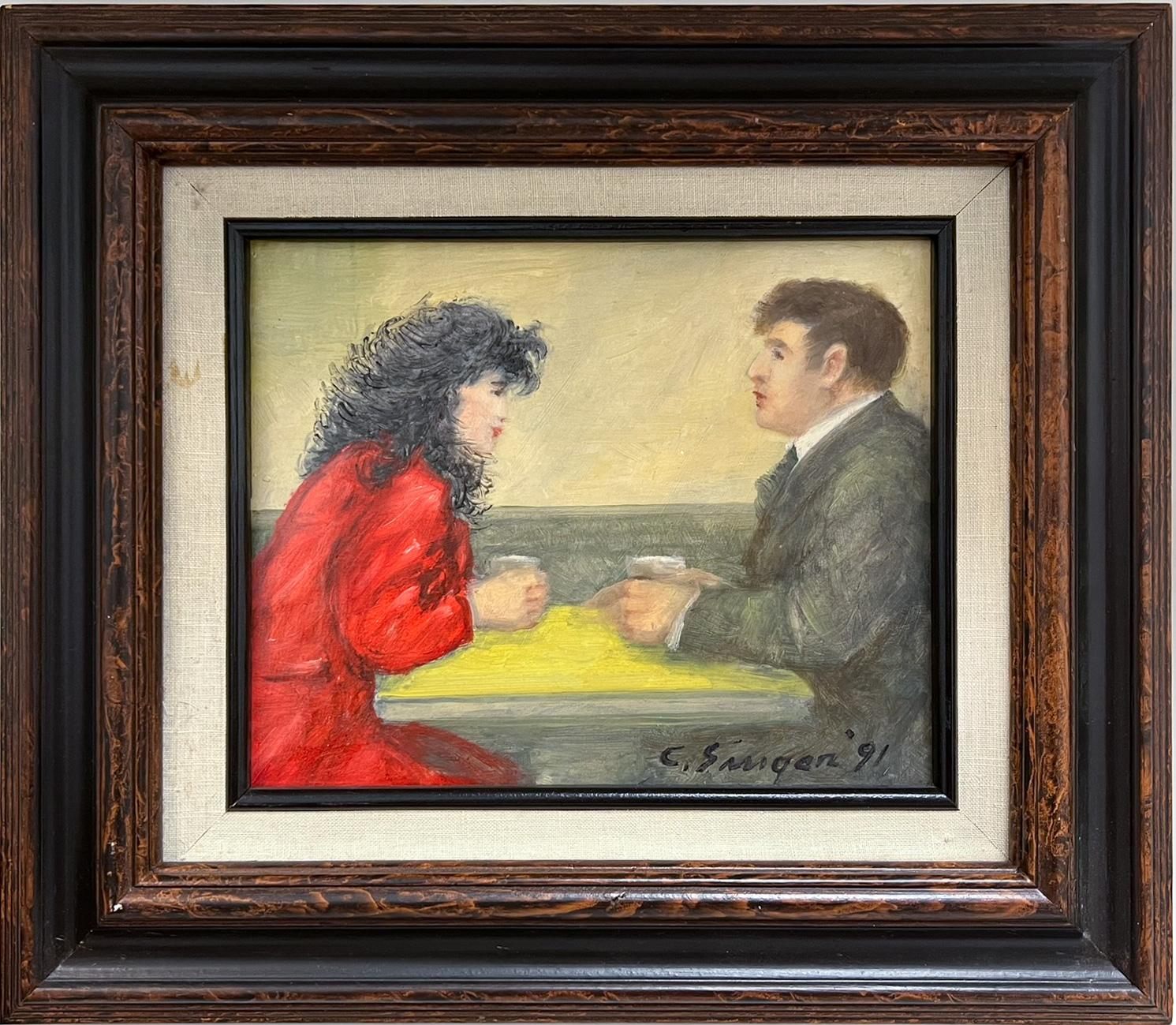 Clyde Singer Interior Painting - Twosome - Meeting for Coffee Original Oil Painting.  20th Century Coffee Date.