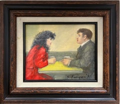 Twosome - Meeting for Coffee Original Oil Painting.  20th Century Coffee Date.
