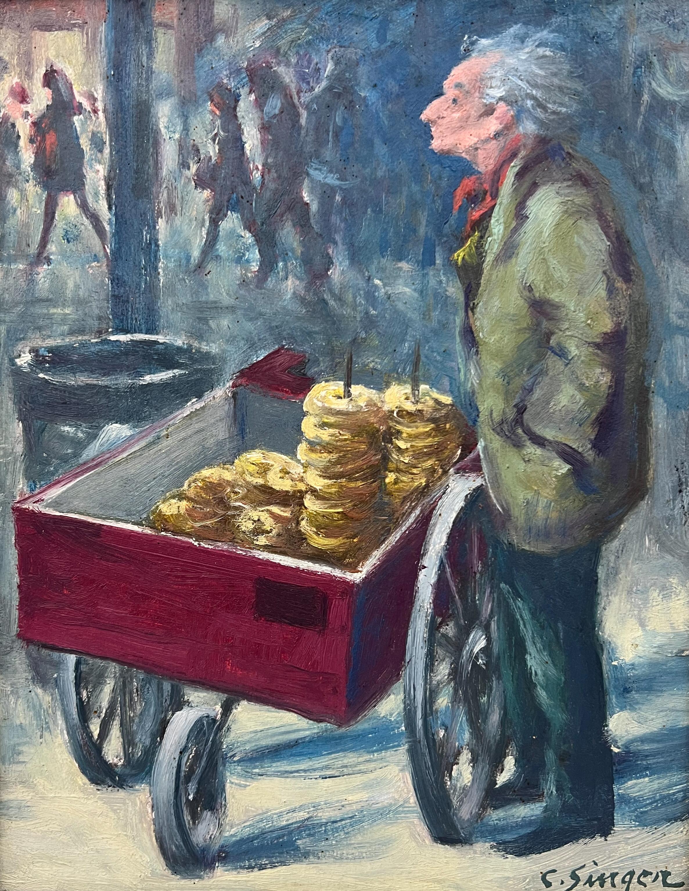 Village Vendor, 1970.  Original American Street Scene Oil Painting. Food Vendor. - Gray Figurative Painting by Clyde Singer