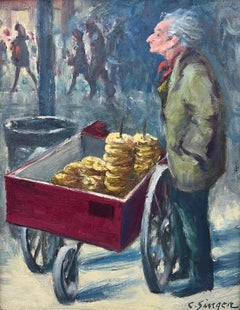 Village Vendor, 1970.  Original American Street Scene Oil Painting. Food Vendor.