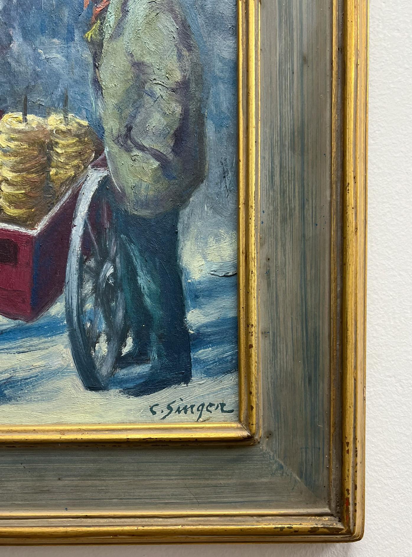 Business is slow!  The Village Vendor, painted by Clyde Singer, captures the boredom and expectation waiting for the next sale.   This likely New York City scene shows the bustle of the city along with the patient waiting of the food vendor.    An