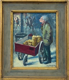 Village Vendor, 1970.  Original American Street Scene Oil Painting. Food Vendor.