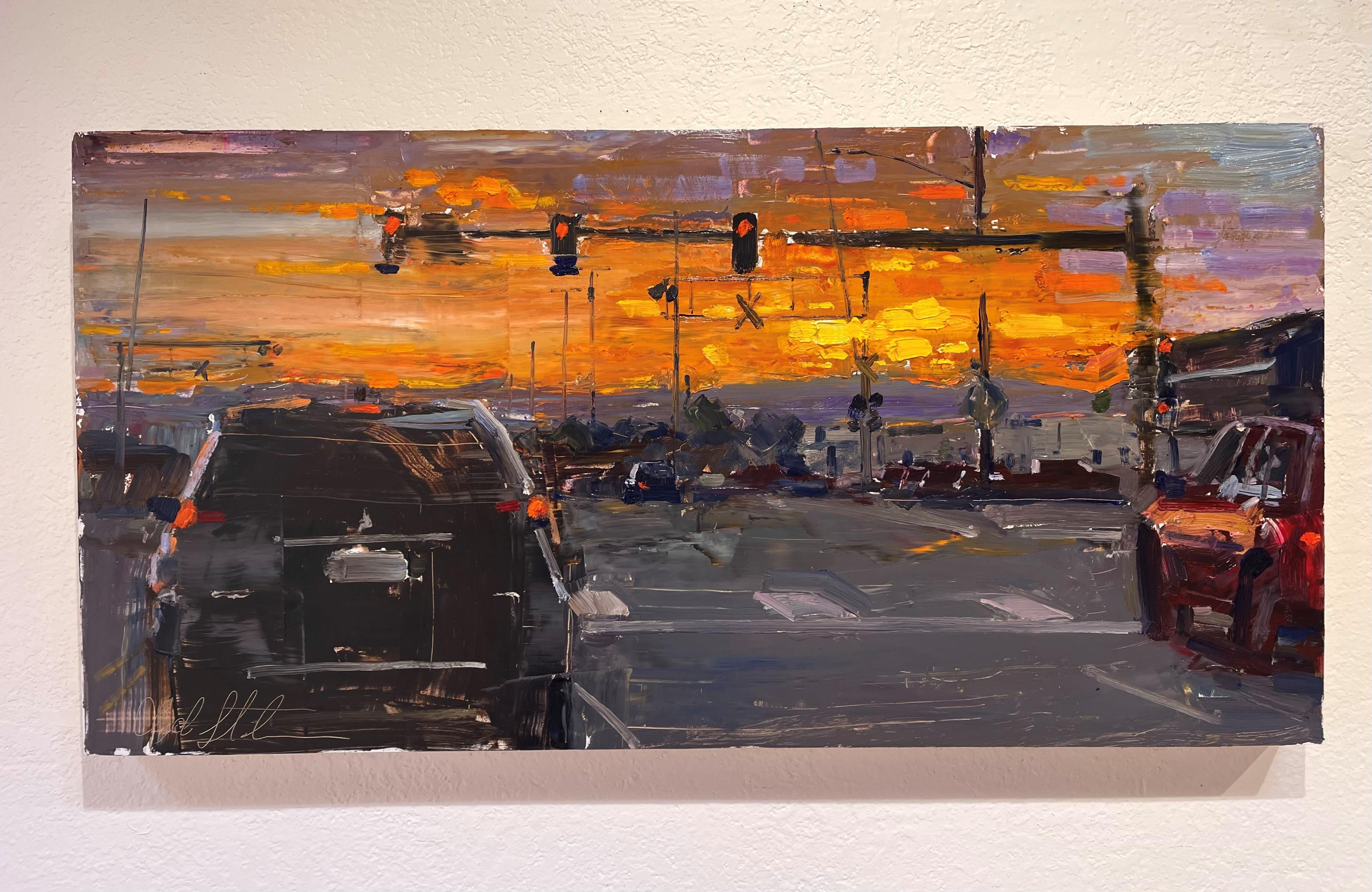 „Commerce City Sunset“, Ölgemälde – Painting von Clyde Steadman