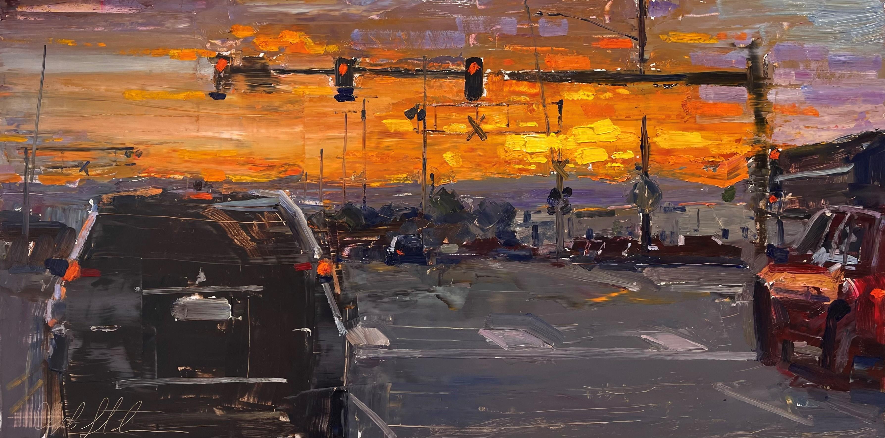 Clyde Steadman Figurative Painting - "Commerce City Sunset" Oil Painting