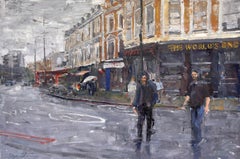 "Crossing Over" (2023) par Clyde Steadman, peinture à l'huile originale de paysage urbain
