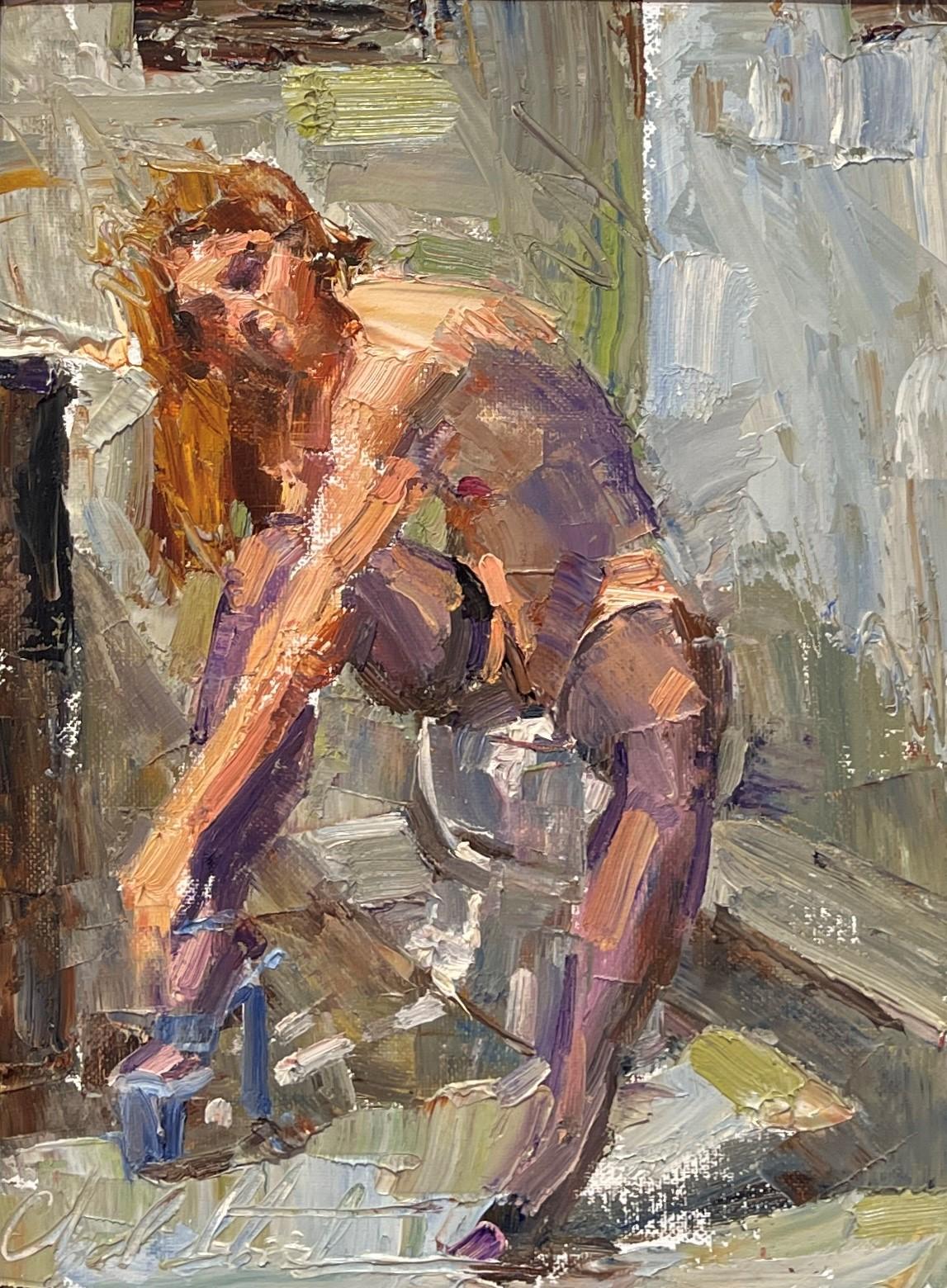 "Absolutely Ready" (2022) by Clyde Steadman (United States) is an original painting depicting a female in her dressing room putting on heels. 


