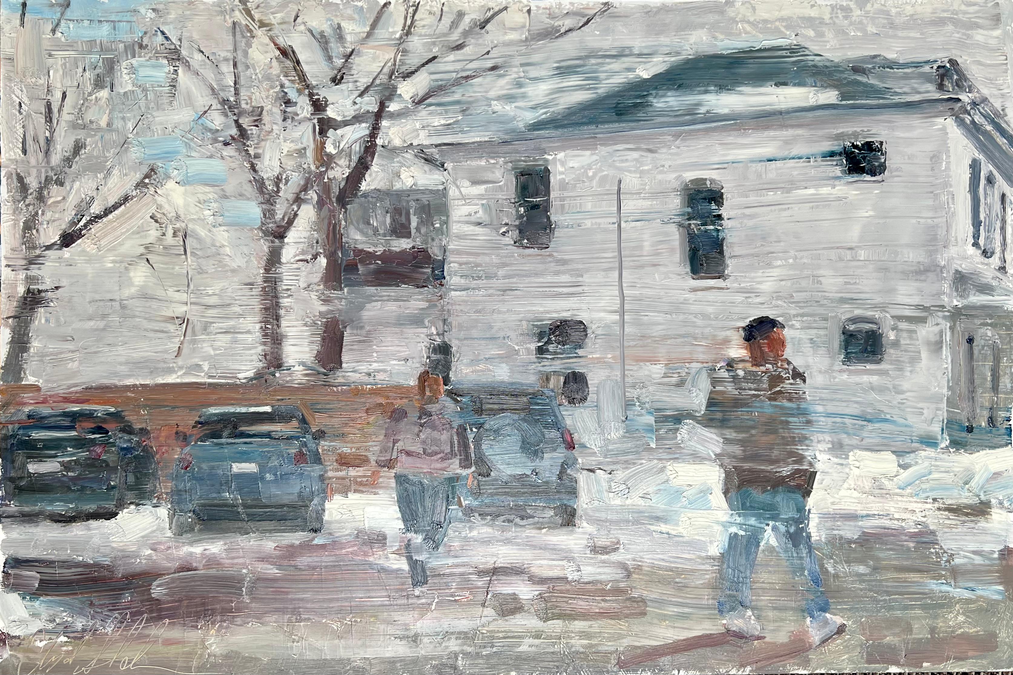 Clyde Steadman Figurative Painting - Parking Lot, Original Oil Painting