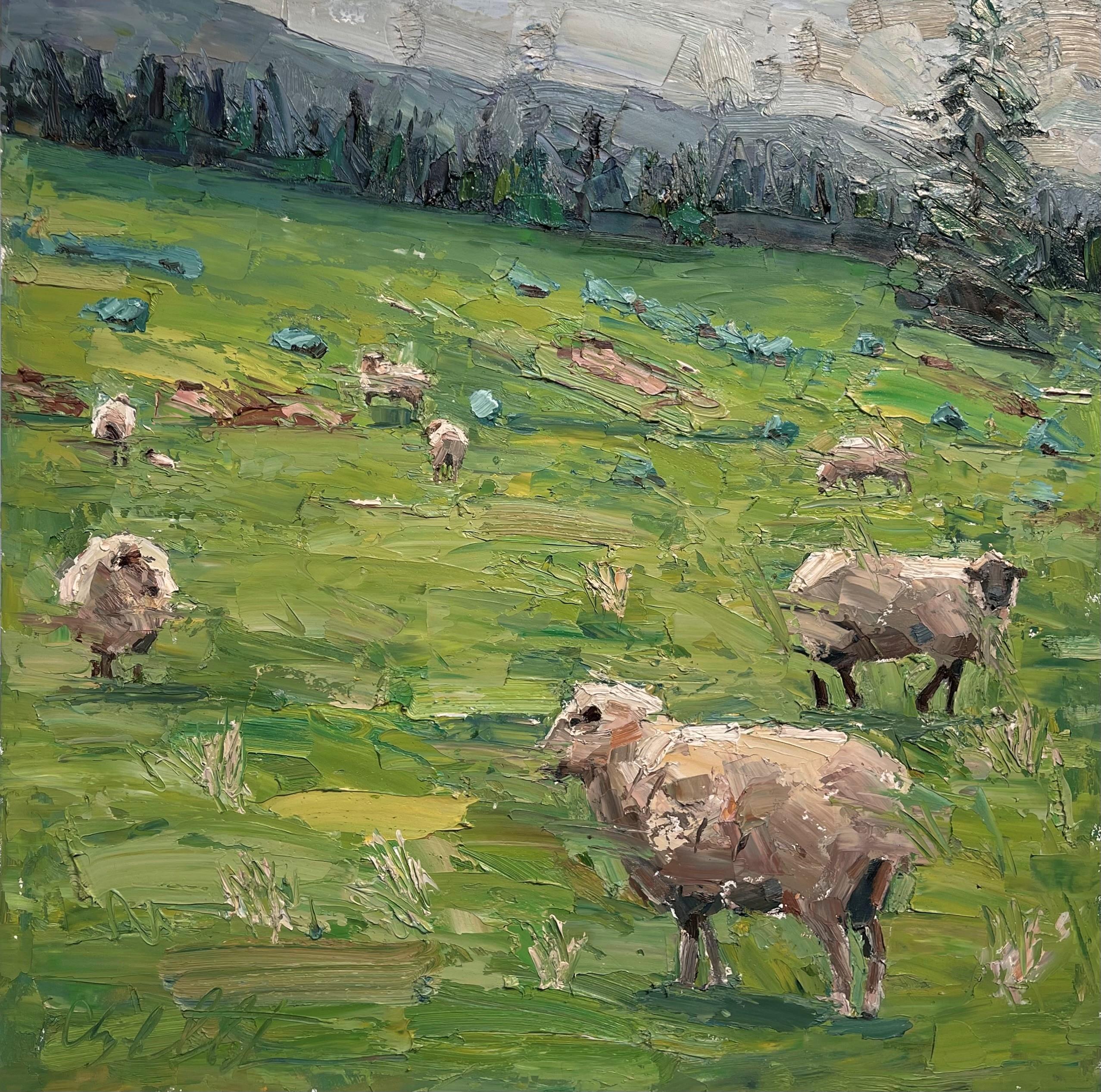 Clyde Steadman Landscape Painting - "Sheepish" Oil Painting