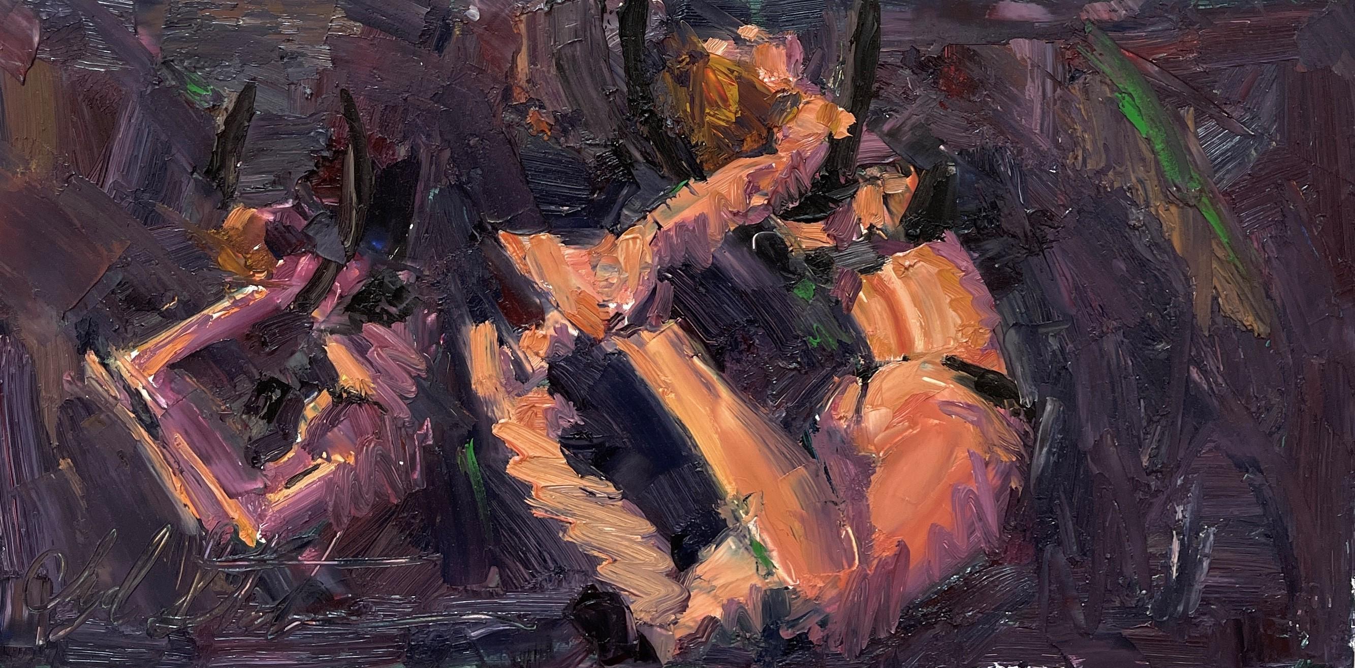Landscape Painting di Clyde Steadman - "Eccolo!" (2020), dipinto ad olio originale di ritratto di nudo in still life