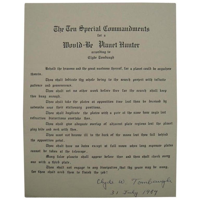 Late 20th Century Clyde Tombaugh Autograph on 10 Special Commandments for a Planet Hunter, 1984