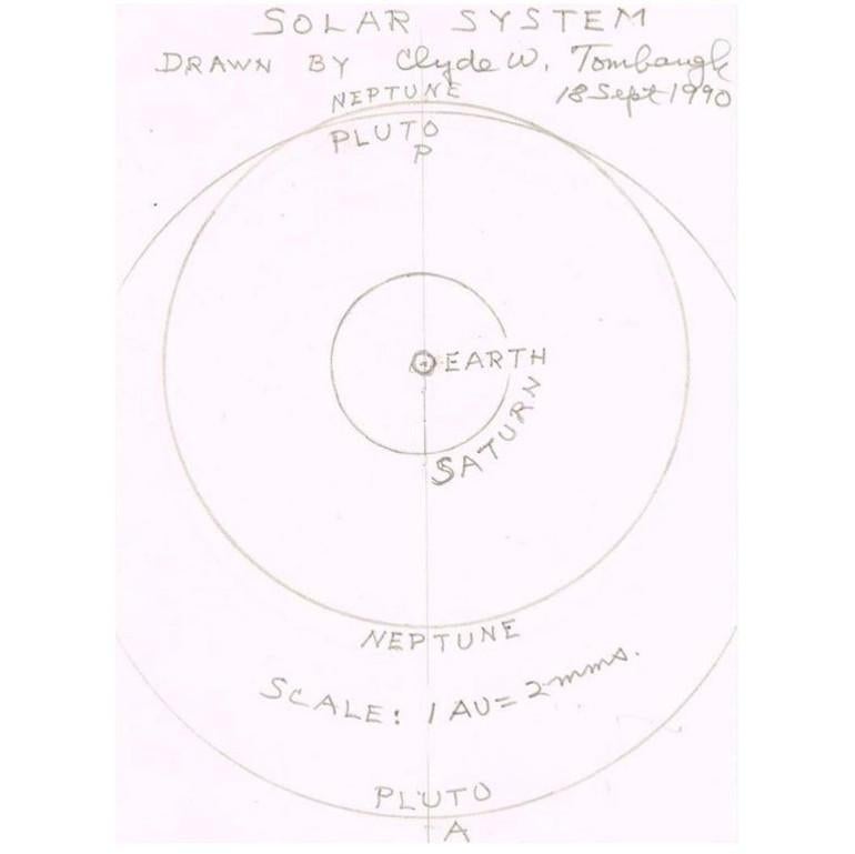 Signed sketch of the Solar System from astronomer Clyde Tombaugh

American astronomer, Clyde Tombaugh (1906-1997) is most famous for discovering the planet Pluto in 1930. During his career he also discovered many asteroids, variable stars, star