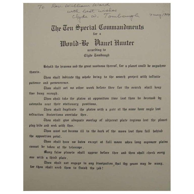 Clyde Tombaugh Autographed Ten Special Commandments for a Would-Be Planet Hunter In Good Condition In Jersey, GB