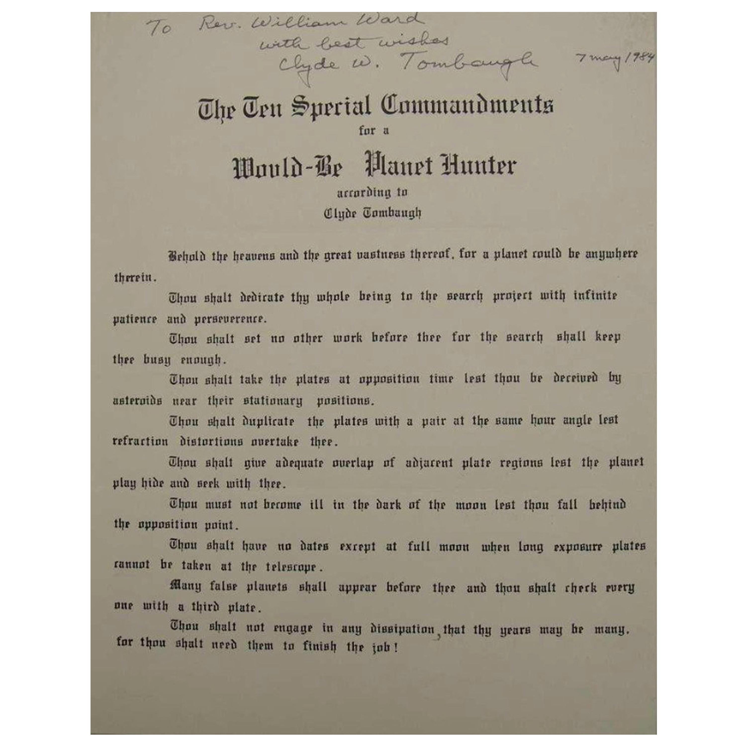 Clyde Tombaugh Autographed Ten Special Commandments for a Would-Be Planet Hunter