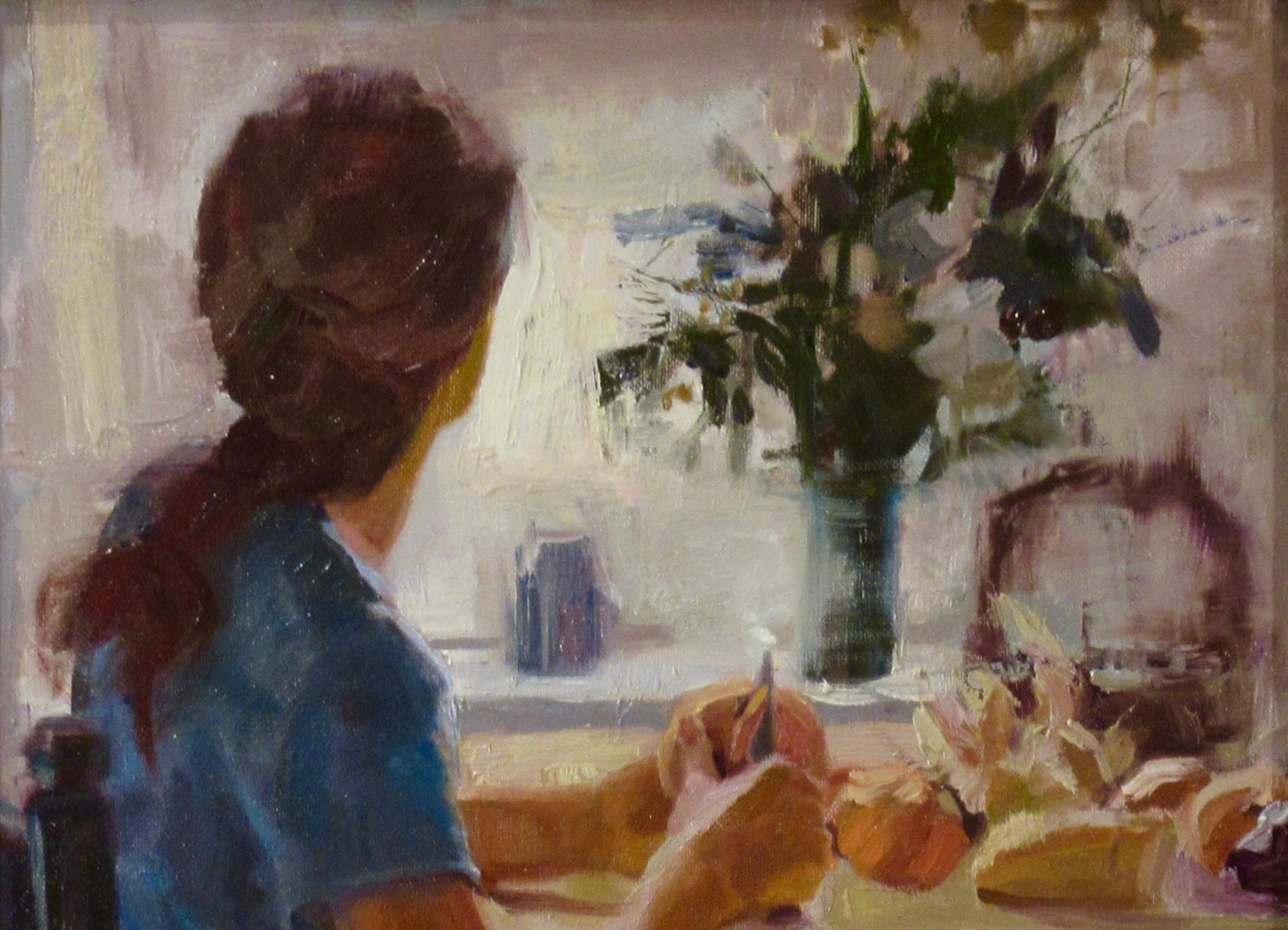 Riflessioni pomeridiane - Figurative Painting Grigio di C.M. Cooper