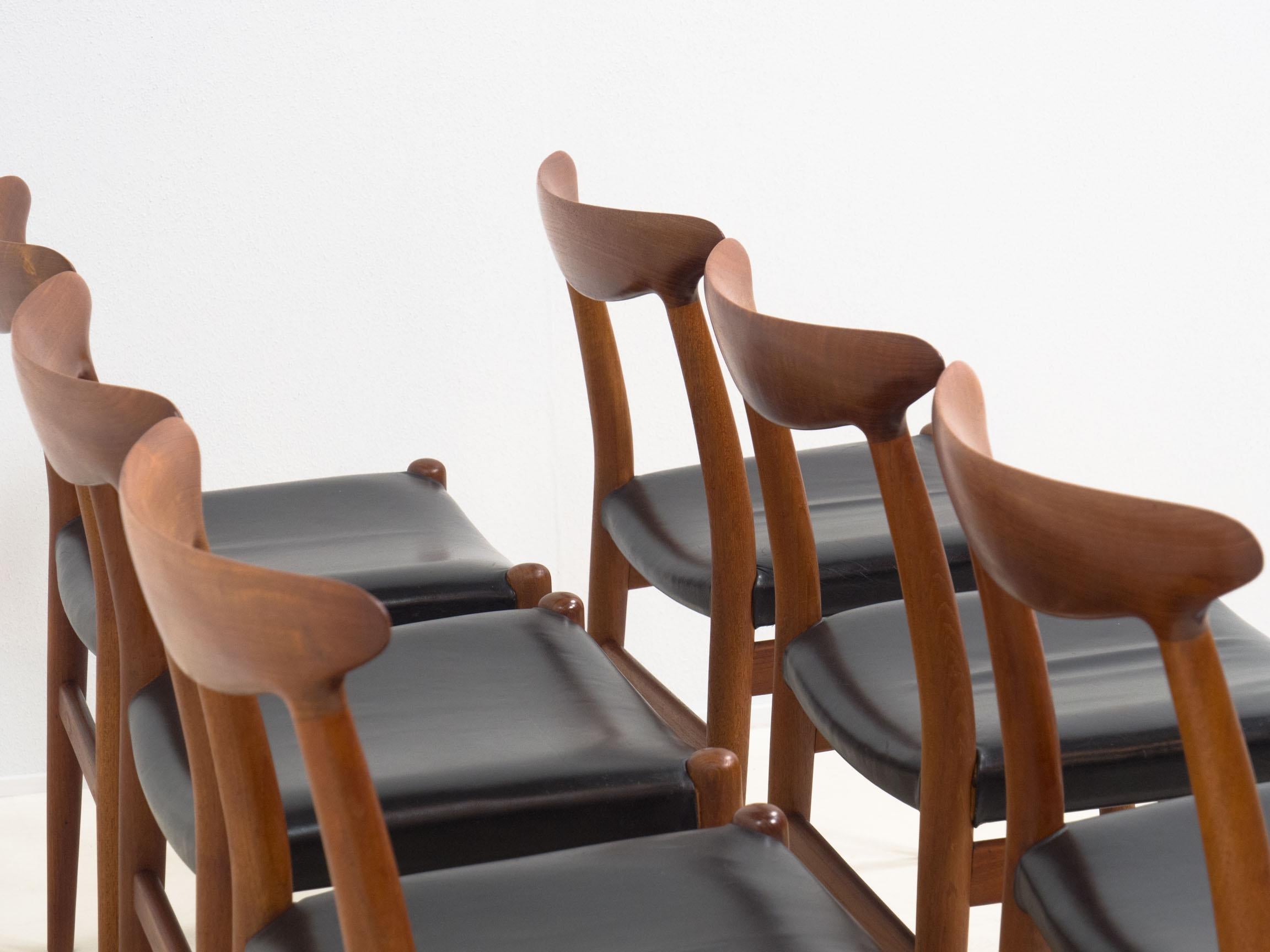 Scandinavian Modern C.M. Madsen set of six teak and leather dining chairs – Hans J. Wegner For Sale