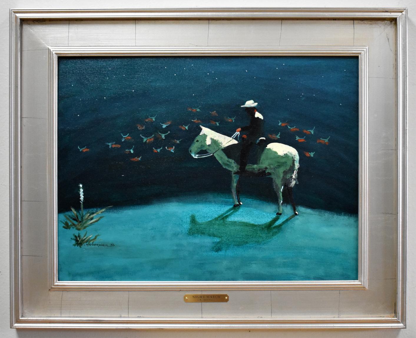 WESTERN, COWBOY, HERD CATTLE FOLKY SURREAL CACTUS BORN 1928 - Painting de CM Okerwall