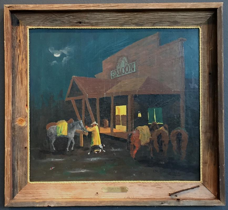 CM Okerwall "Rainy Night At The Oxbow" Western Folk Art Saloon Scene