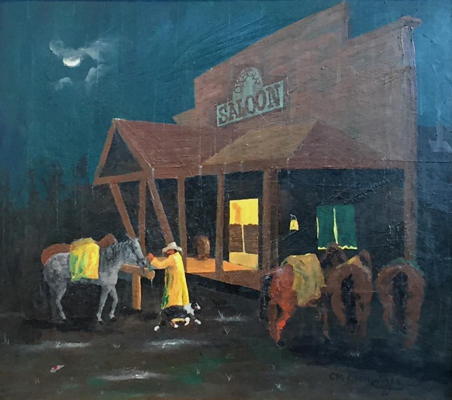 CM Okerwall Landscape Painting - "Rainy Night At The Oxbow"  Western Folk Art Saloon Scene Cowboy