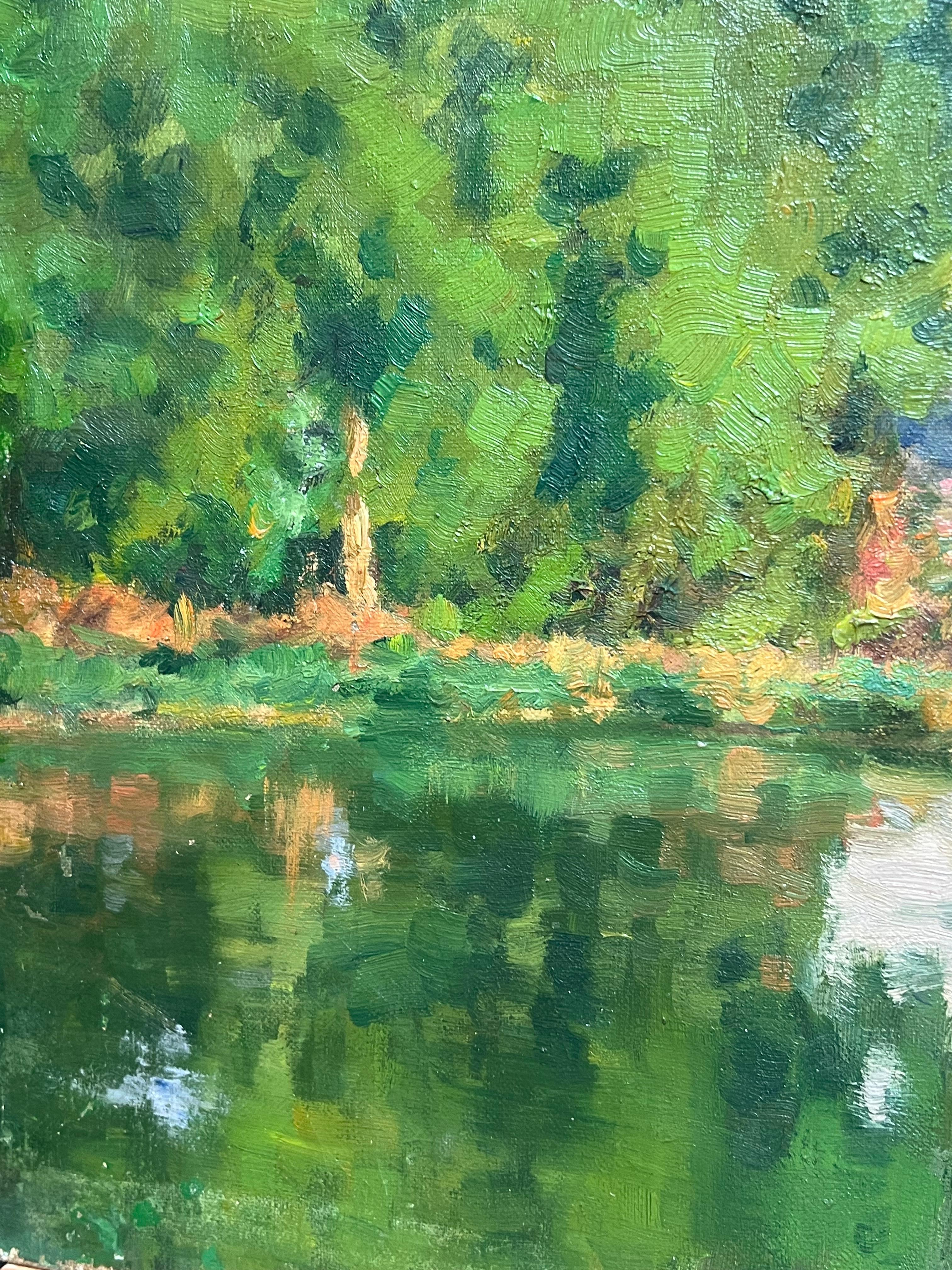 Antique French Impressionist Oil Tranquil Riverbank Scene Luminous Landscape (Paesaggio tranquillo sulle rive del fiume) in vendita 6
