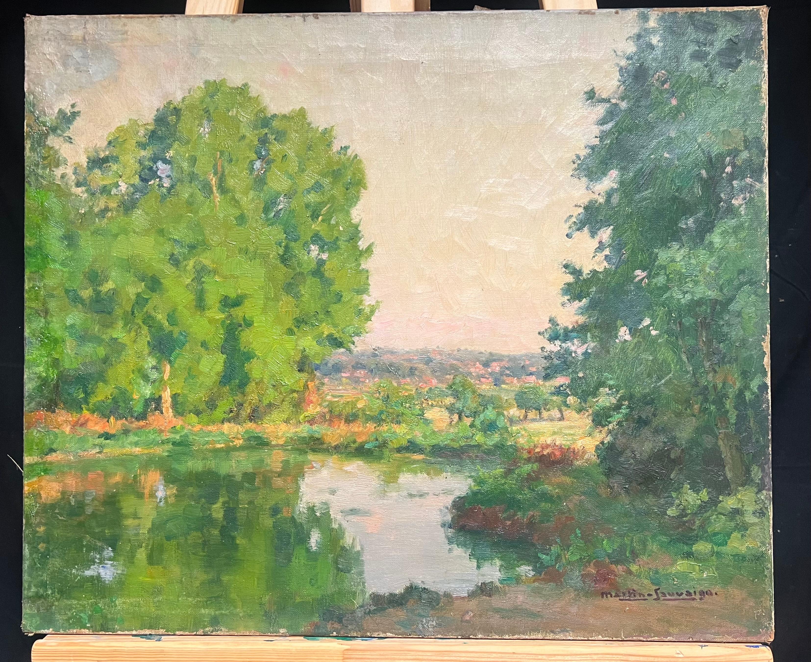Antique French Impressionist Oil Tranquil Riverbank Scene Luminous Landscape (Paesaggio tranquillo sulle rive del fiume) - Painting Impressionismo di C.Martin - Sauvaigo