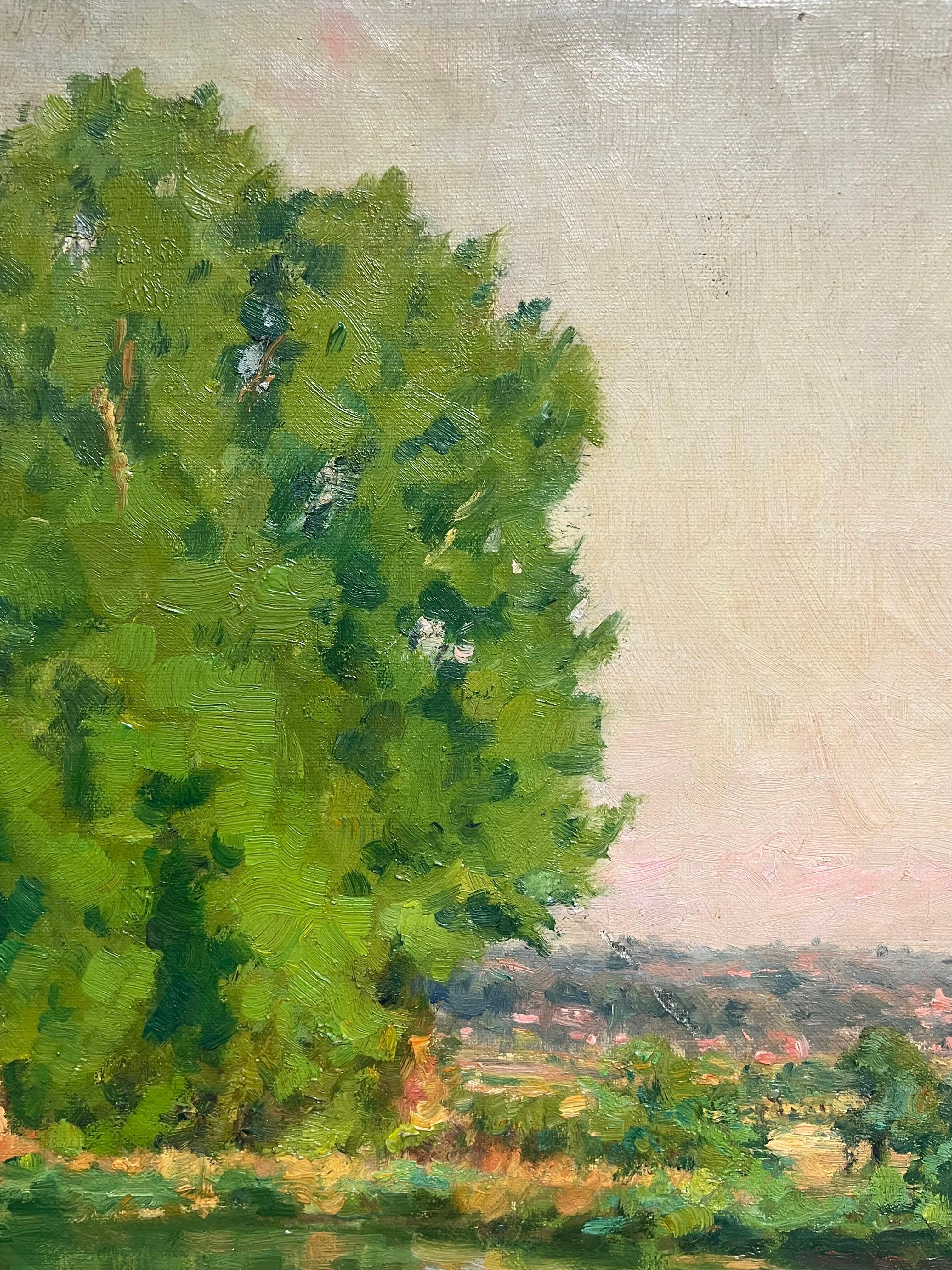 Antique French Impressionist Oil Tranquil Riverbank Scene Luminous Landscape (Paesaggio tranquillo sulle rive del fiume) in vendita 1