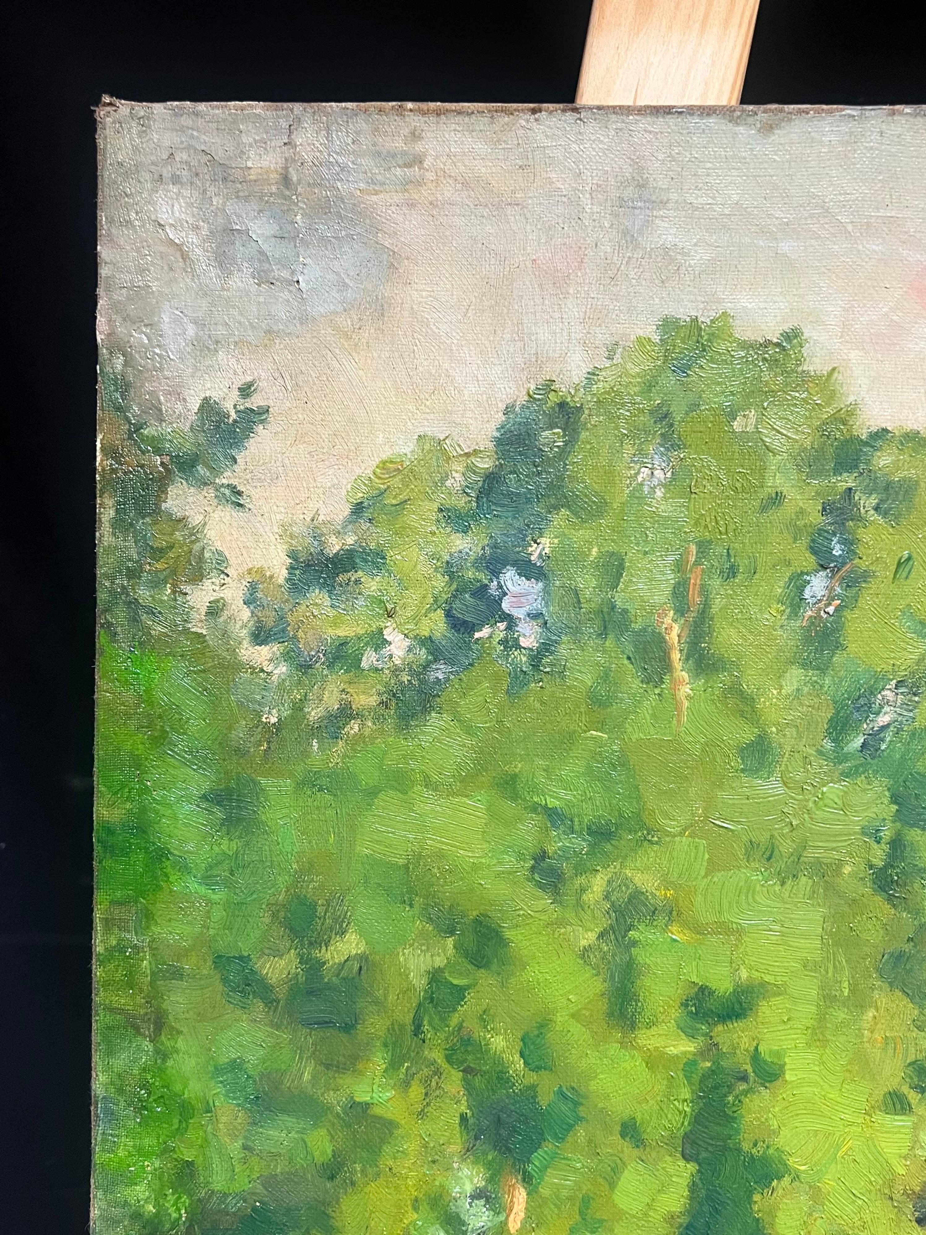 Antique French Impressionist Oil Tranquil Riverbank Scene Luminous Landscape (Paesaggio tranquillo sulle rive del fiume) in vendita 2