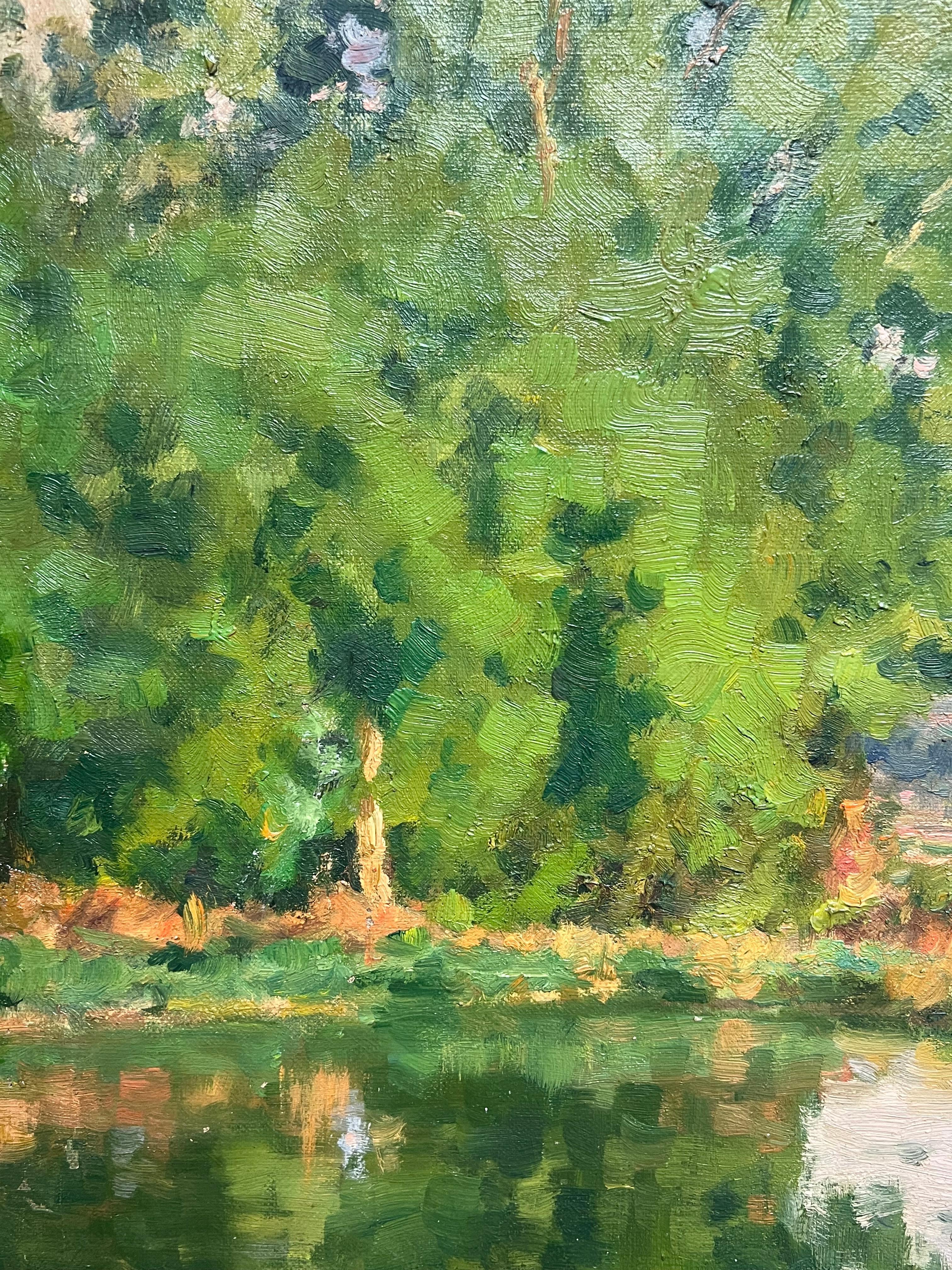 Antique French Impressionist Oil Tranquil Riverbank Scene Luminous Landscape (Paesaggio tranquillo sulle rive del fiume) in vendita 3