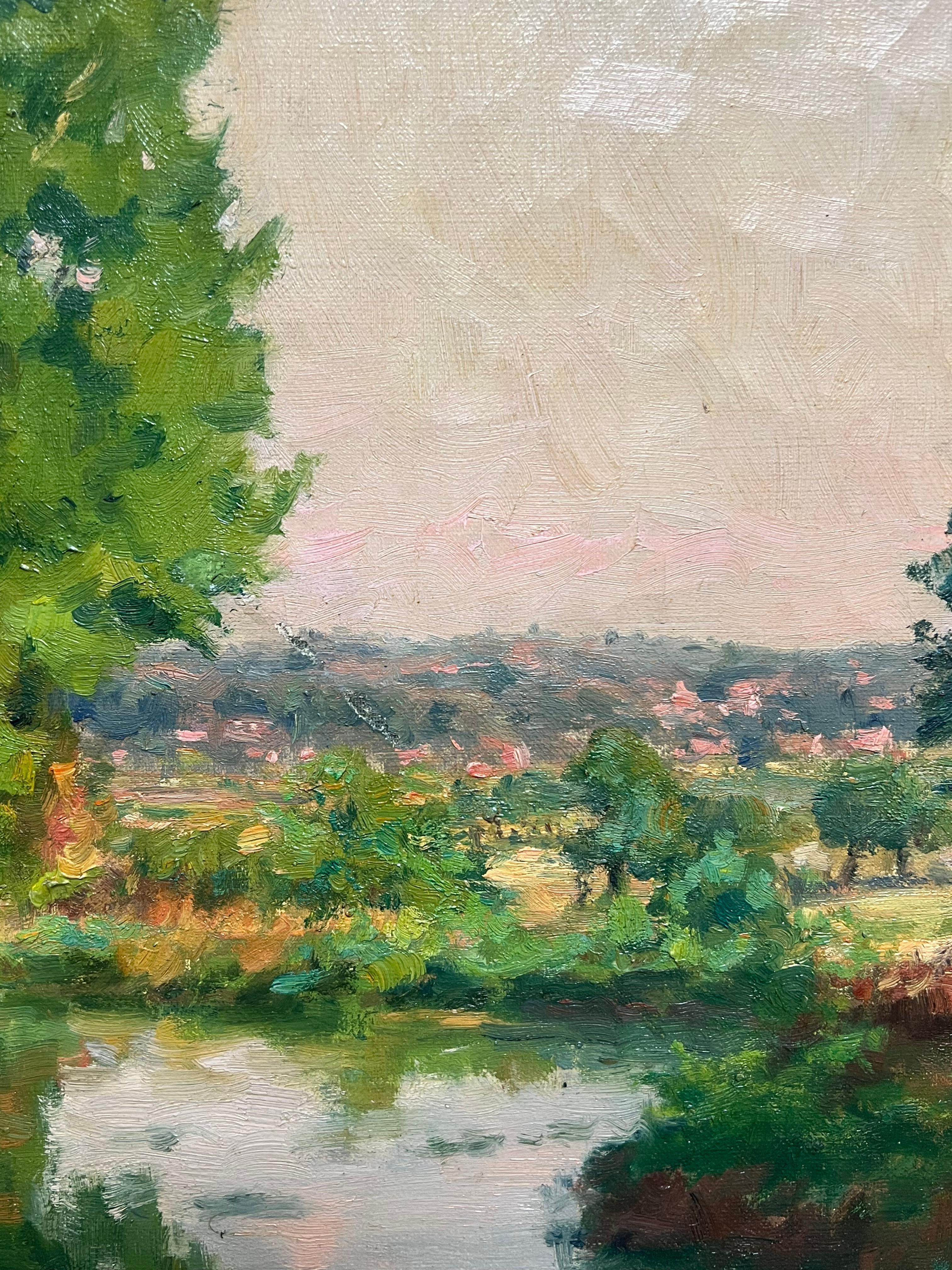 Antique French Impressionist Oil Tranquil Riverbank Scene Luminous Landscape (Paesaggio tranquillo sulle rive del fiume) in vendita 4