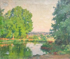 Ancienne huile impressionniste française - Tranquil Riverbank Scene - Paysage lumineux