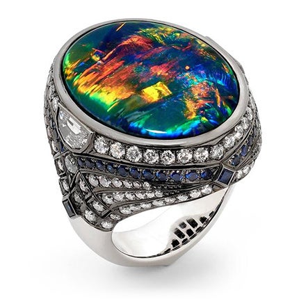 25.10 Carat Lightning Ridge Black Opal, Blue Sapphire and Diamond Ring, 2017