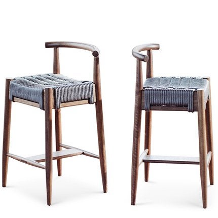 Moderner handgefertigter "Harbor"-Hocker aus Nussbaum und Seilgeflecht mit Rückenlehne