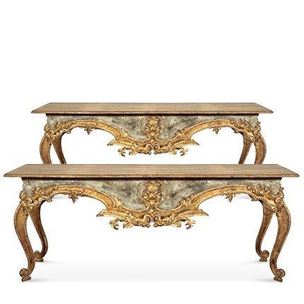 Paar Französische Barock Stil Bemalte und Teilweise Vergoldete Fragment Konsolentische