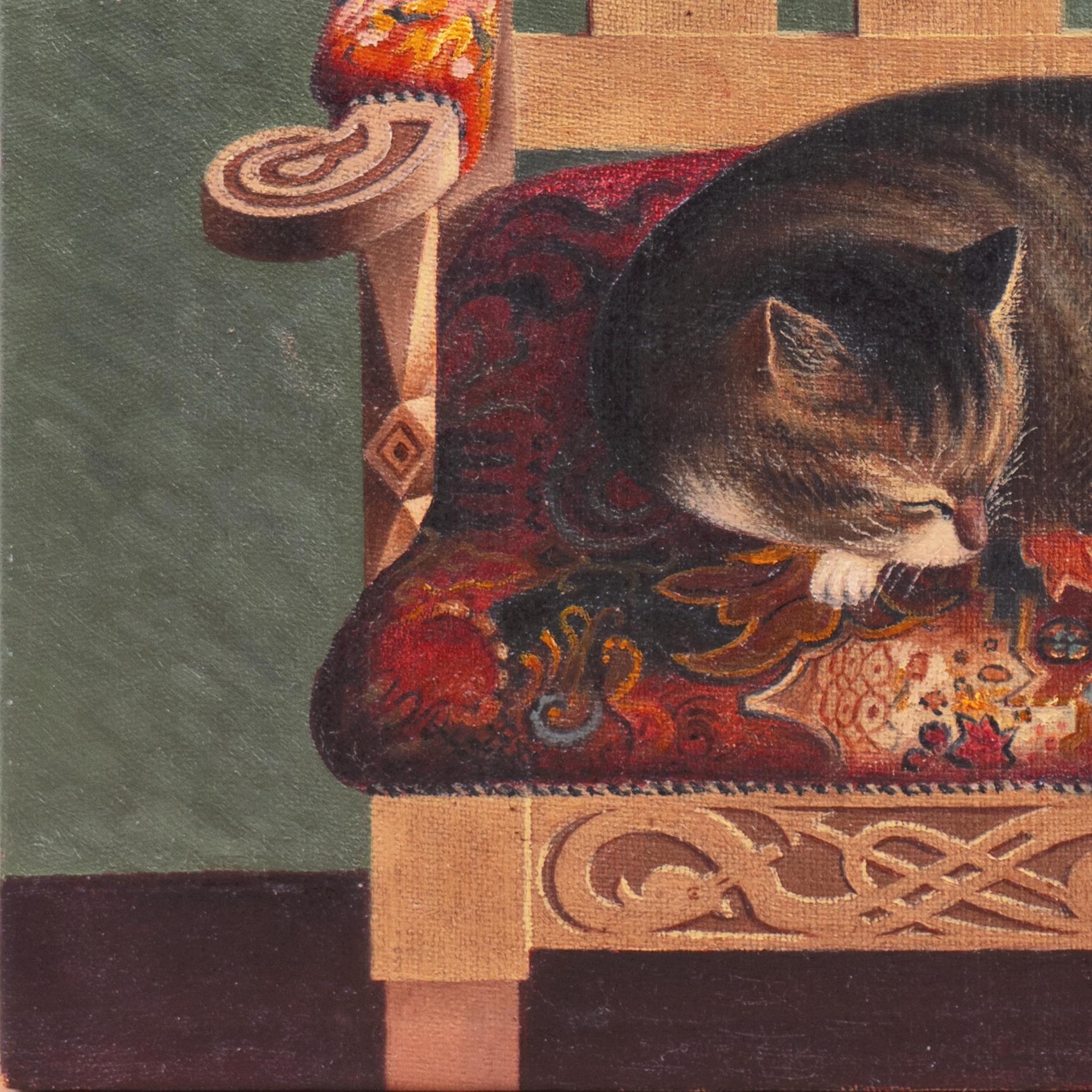 'Happy Tabby', 19th Century Danish School, Swedish Embroidered Armchair - Gray Still-Life Painting by C.N. (Danish, 19th Century)