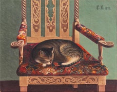'Tabby Cat Sleeping in an Embroidered Armchair', 19th Century Danish School