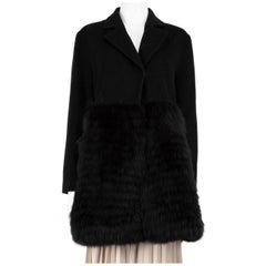 CO Black Wool Mid-Length Fur Trim Coat Size L