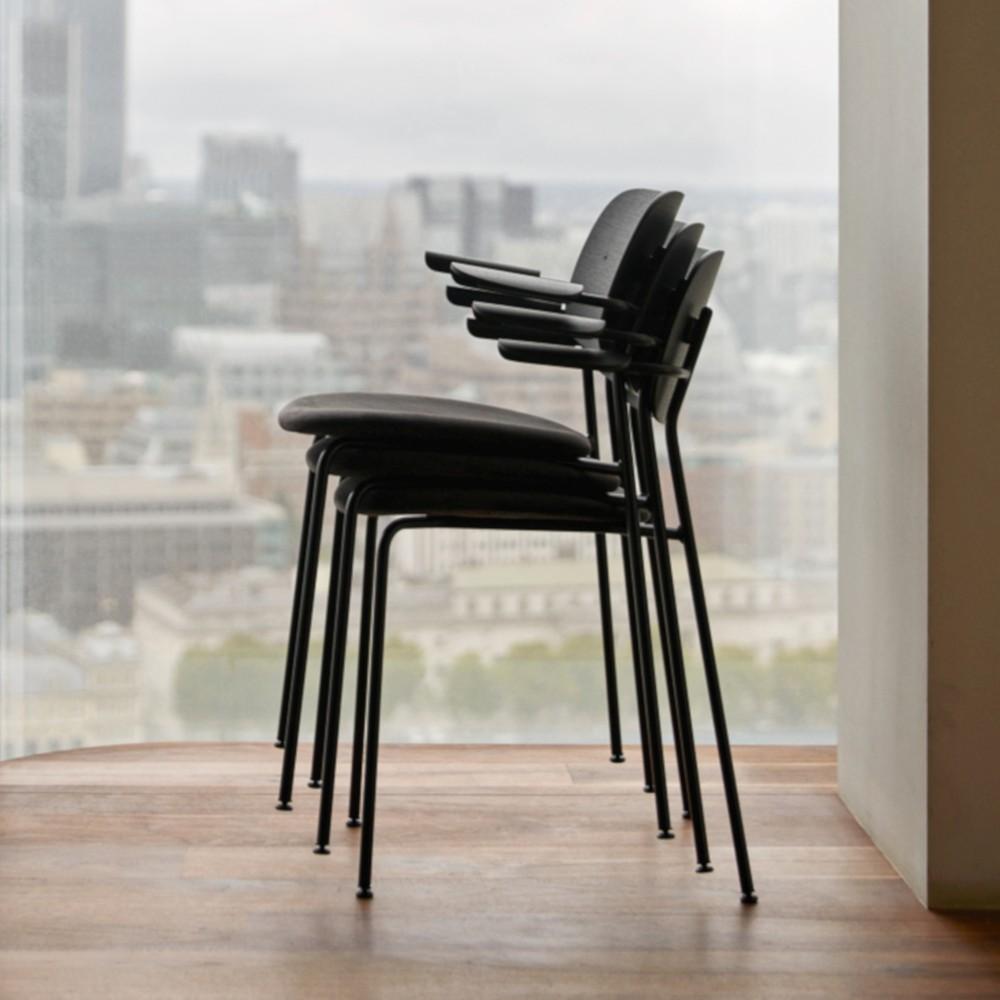 Chinese Co Chair, Dining Chair in Black Oak with Black Icon Leather and Armrest