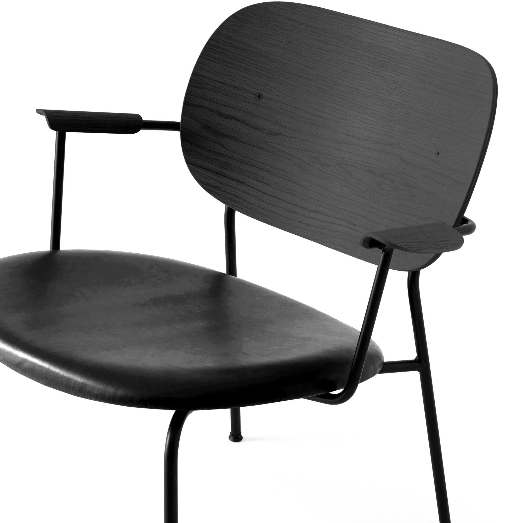 Swedish Co Chair, Lounge Chair with Black Oak Base and Black Dakar Leather Seat For Sale