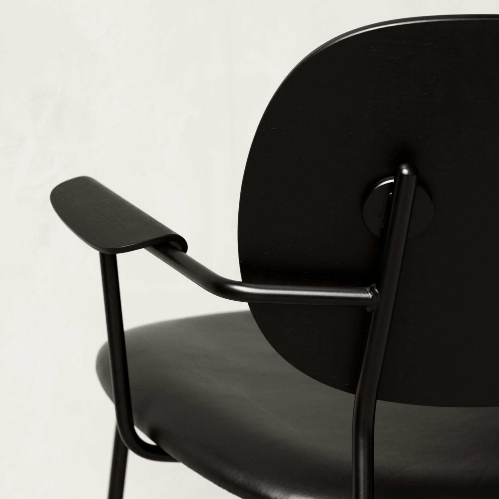 Powder-Coated Co Chair, Lounge Chair with Black Oak Base and Black Dakar Leather Seat For Sale